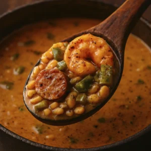 Wooden spoon lifting Cajun shrimp and sausage stew with beans and peppers in creamy orange broth.