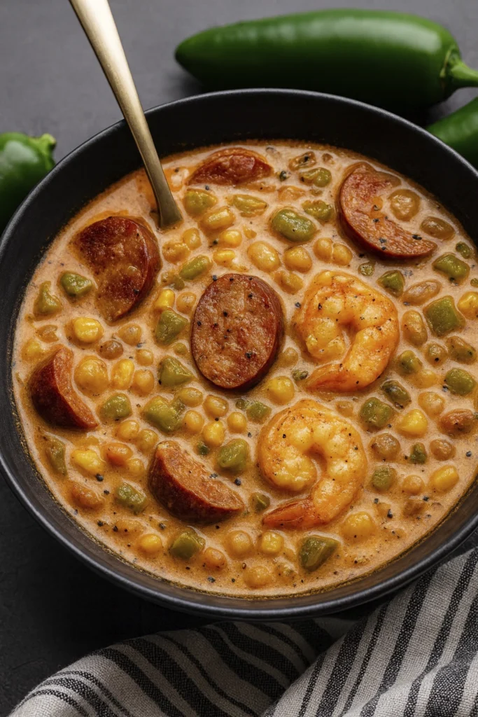Close-up of creamy Cajun shrimp and sausage soup with peppers and corn in a black bowl