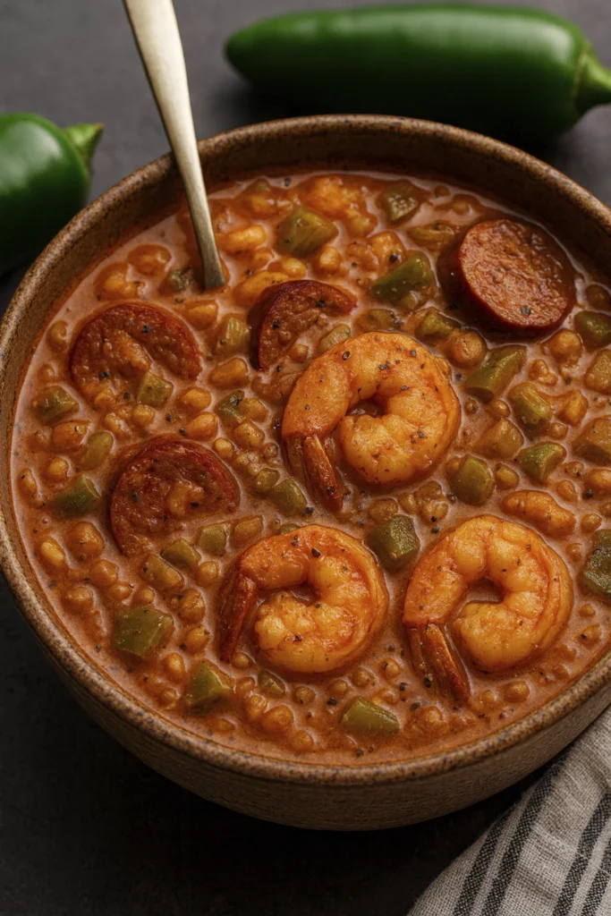 Spicy Cajun soup with shrimp, sausage, peppers, and creamy broth in a black bowl