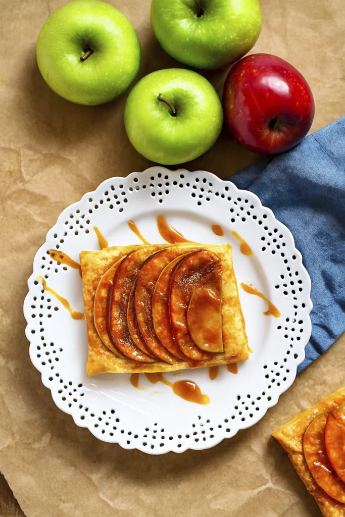 Close-up of caramel apple puff pastry tart with red and green apple slices on a white lace dessert plate, drizzled with caramel sauce, surrounded by fresh apples and rustic props on a wooden table.