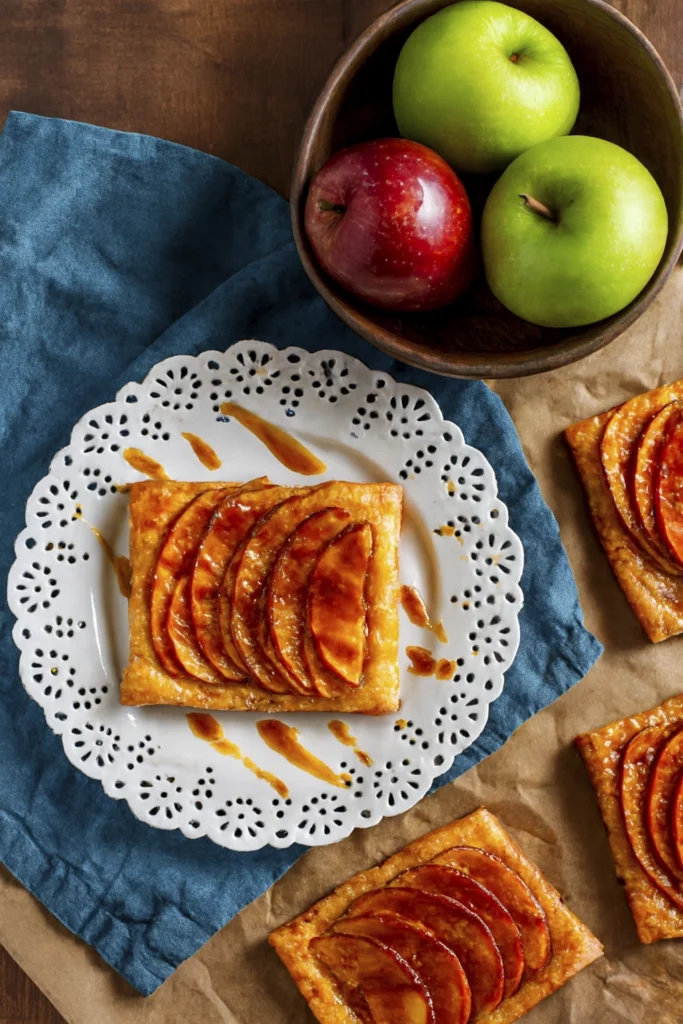 Rustic apple puff pastry tart with caramel drizzle on a white doily plate, surrounded by fresh red and green apples and a blue linen napkin on parchment paper.