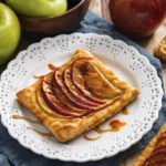 Gourmet apple tart with caramel drizzle on puff pastry, styled on a lace-patterned plate with fresh apples and rustic decor.