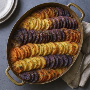 Eye-level view of roasted root vegetable gratin with sweet potatoes, beets, and herbs in oval dish