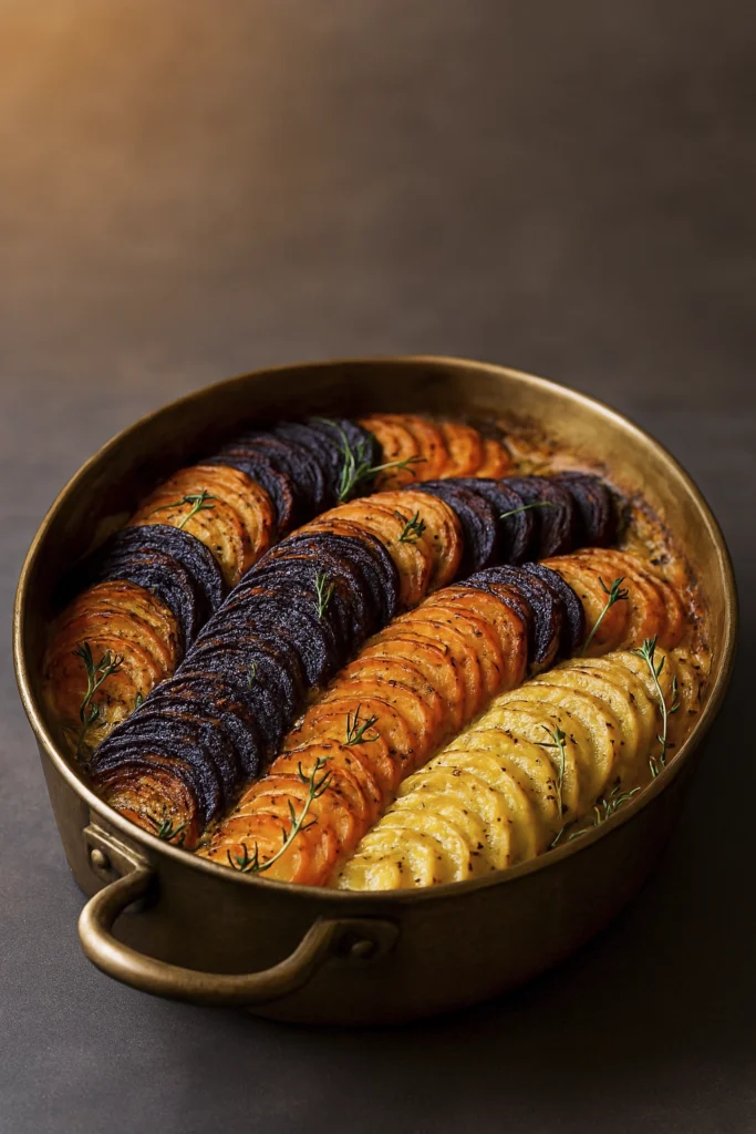 Overhead view of roasted root vegetable gratin with sweet potatoes, beets, and herbs in oval dish