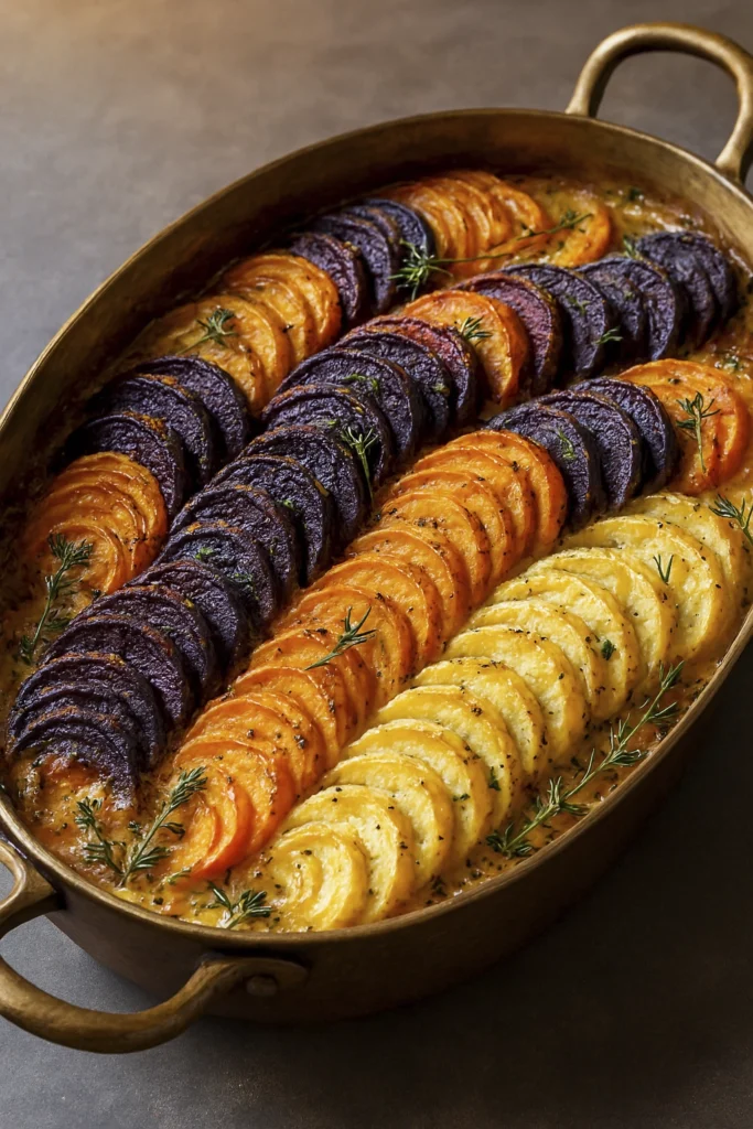 45-degree angle view of roasted root vegetable gratin with sweet potatoes, beets, and herbs in oval dish