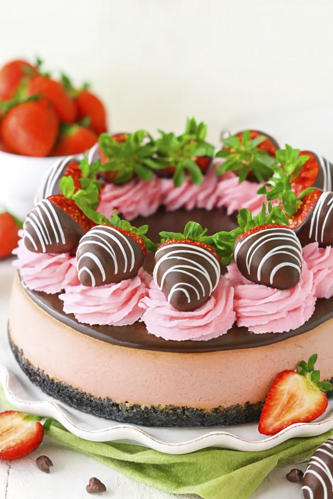 Decadent strawberry chocolate cheesecake slice with chocolate-covered strawberries and pink whipped cream rosettes.