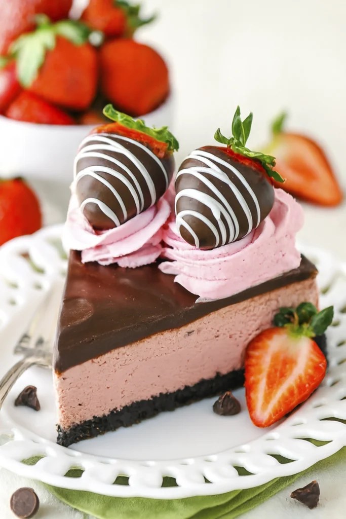 Chocolate-covered strawberry cheesecake with ganache and pink whipped cream swirls topped with dipped strawberries.