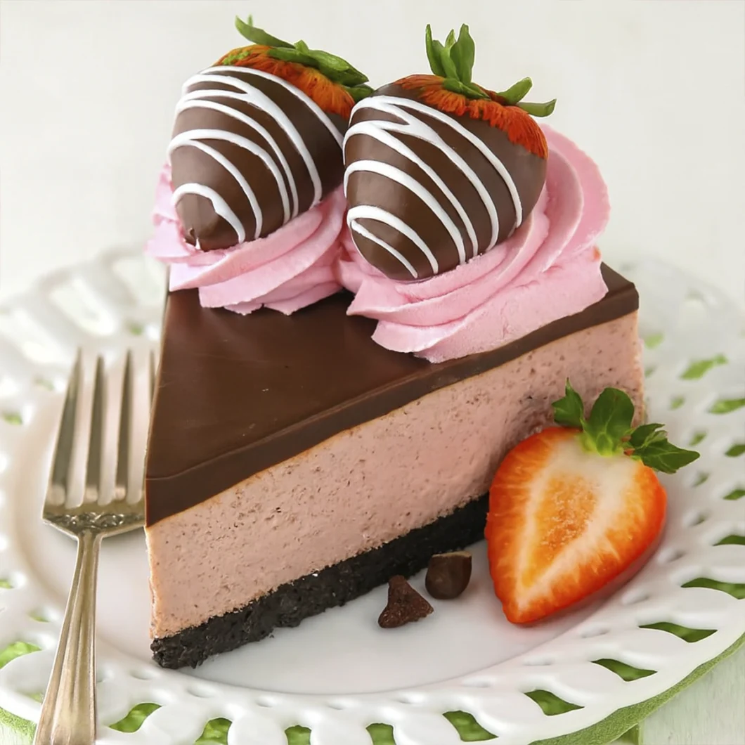 Whole chocolate strawberry cheesecake topped with pink cream swirls and chocolate-dipped strawberries.