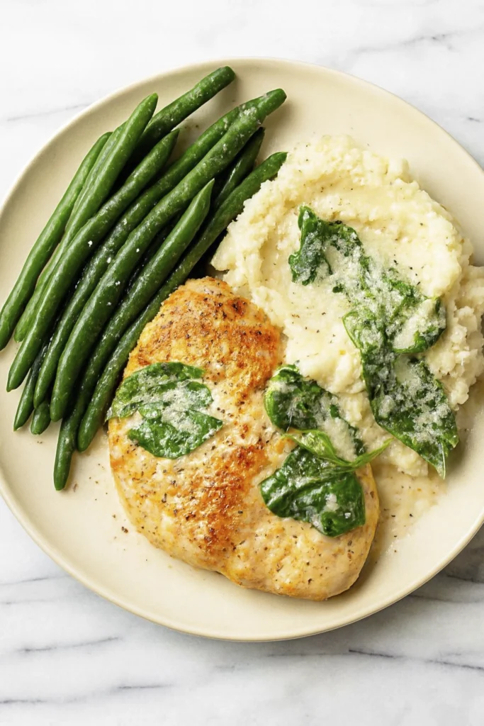 Golden chicken breasts in creamy garlic parmesan sauce with spinach on rustic wooden table