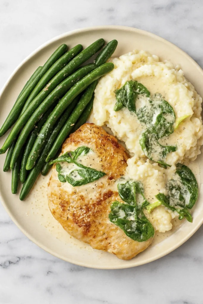 Golden pan-seared chicken breasts in creamy garlic parmesan sauce with spinach in rustic skillet