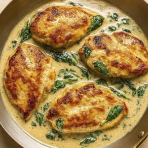 Overhead view of a gourmet plated meal featuring pan-seared chicken breast with creamy pepper sauce and spinach, mashed potatoes, and sautéed green beans garnished with Parmesan cheese on a beige ceramic plate over marble.
