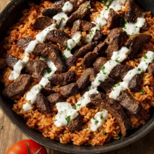 Close-up of a sizzling skillet with tomato-spiced rice, seared beef strips, creamy white sauce drizzle, and fresh parsley garnish in a rustic kitchen setting.
