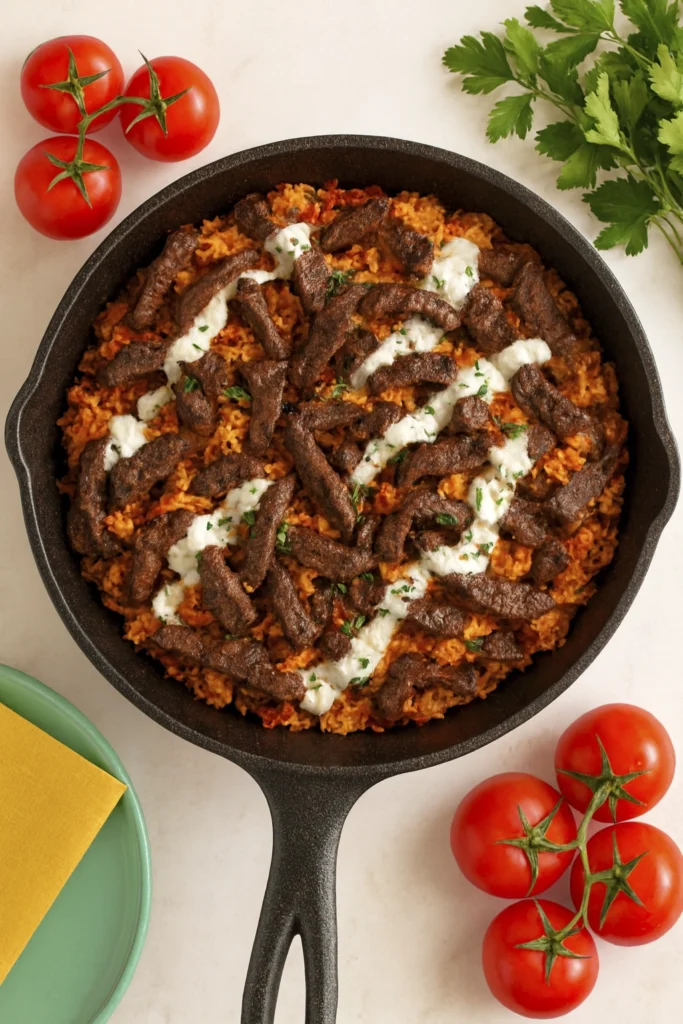 Top-down view of a rustic cast iron skillet filled with seasoned beef strips, vibrant tomato rice, creamy yogurt drizzle, and fresh herb garnish, surrounded by vine tomatoes, parsley, and colorful plates.