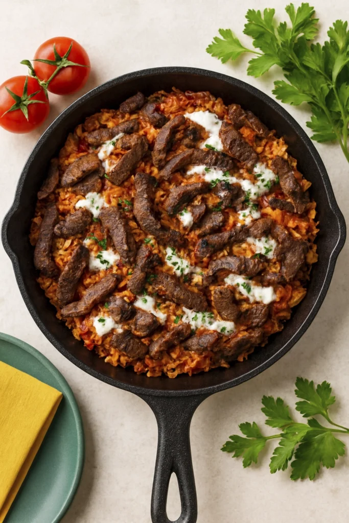 Overhead shot of cast iron skillet with grilled beef strips, tomato rice, yogurt sauce, and herb garnish, styled with vine tomatoes, parsley, and Mediterranean tableware.