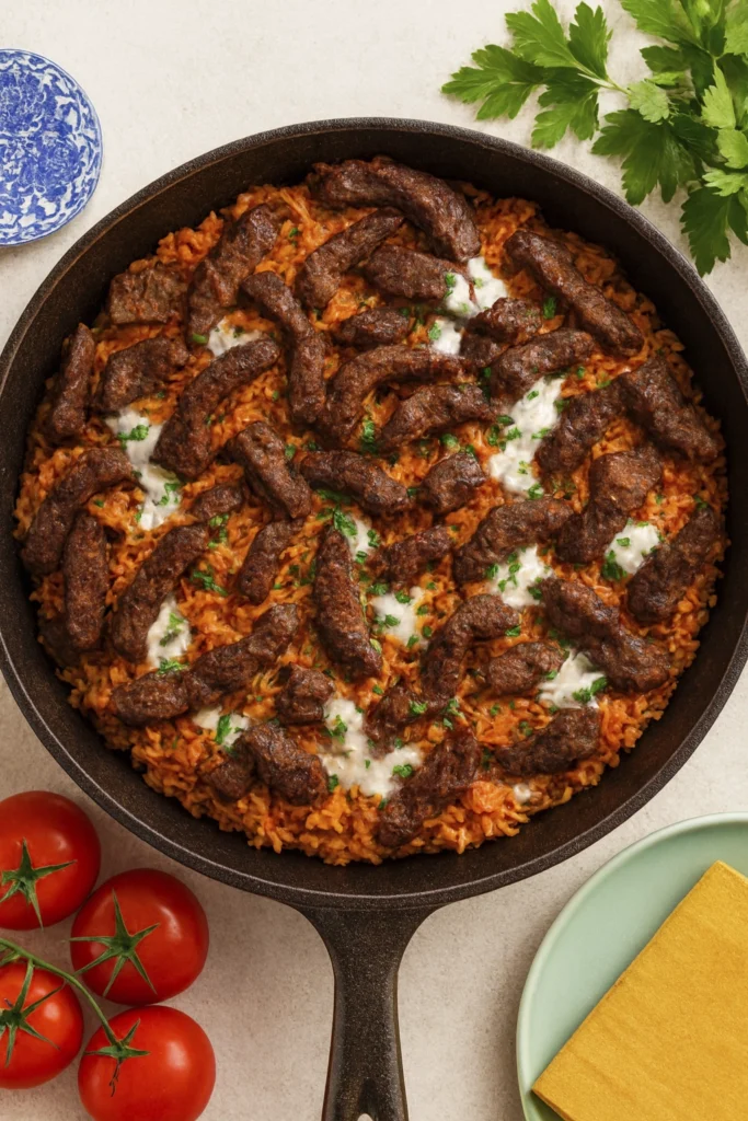 Rustic cast iron skillet with juicy beef strips, orange tomato rice, creamy yogurt drizzle, and parsley garnish, styled with vine tomatoes and Mediterranean tableware.