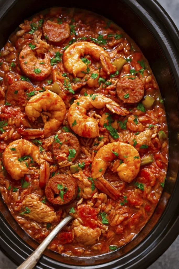 Vertical close-up of Cajun jambalaya with shrimp, sausage, rice, and vegetables in a rustic slow cooker