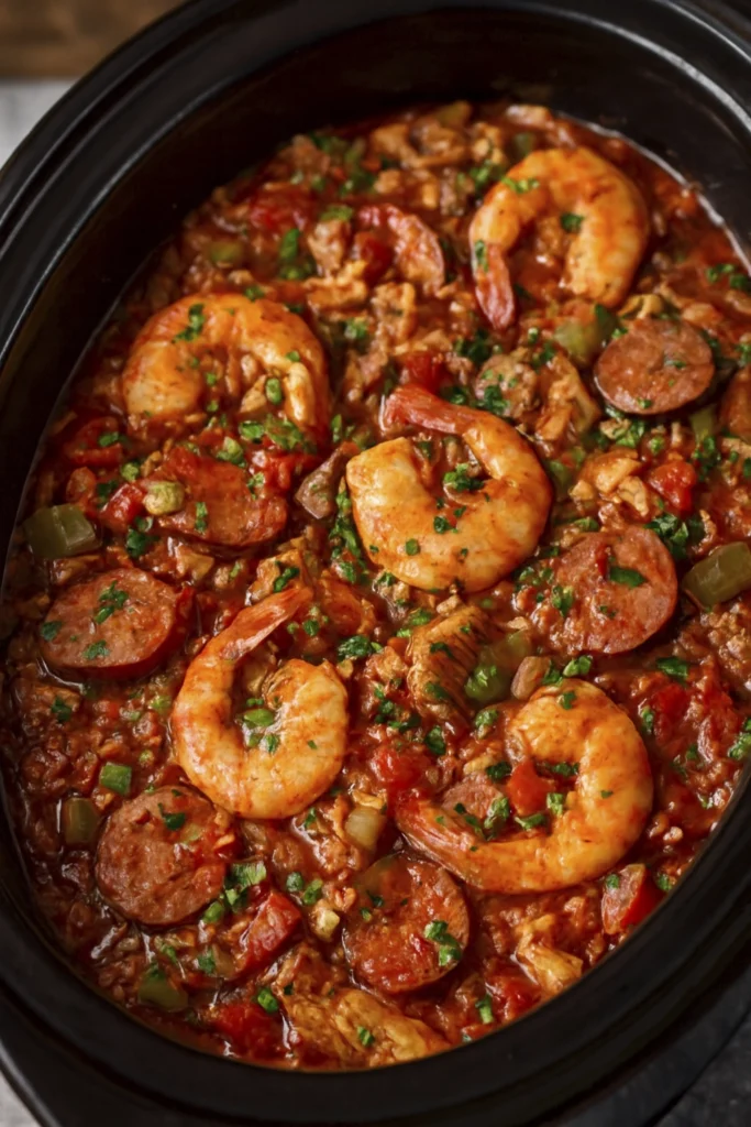 Vertical image of homemade jambalaya with shrimp, sausage, vegetables, and rice in a rustic slow cooker