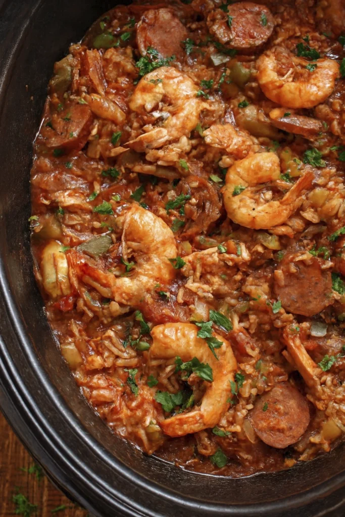 Vertical close-up of Cajun jambalaya with shrimp, sausage, vegetables, and rice in a slow cooker