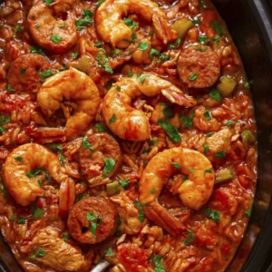 Vertical close-up of jambalaya in a slow cooker with shrimp, sausage, chicken, and vegetables