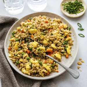 Plate of vegetable fried rice with green onions, peas, carrots, and scrambled eggs in a bright setting