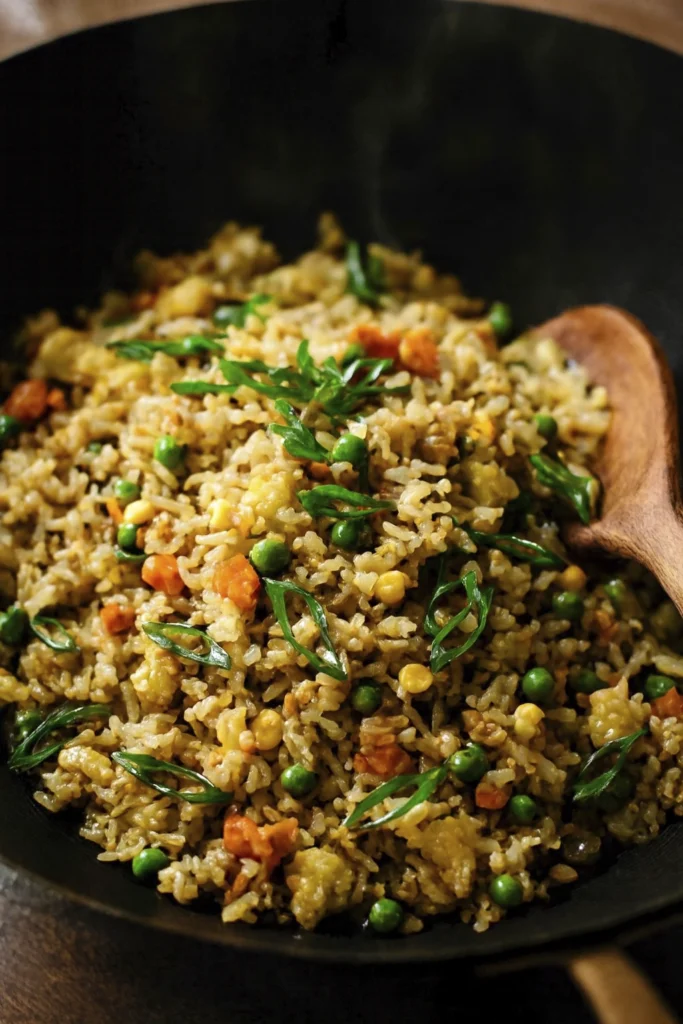 Fried rice with vegetables and egg in a wok with a wooden spatula.
