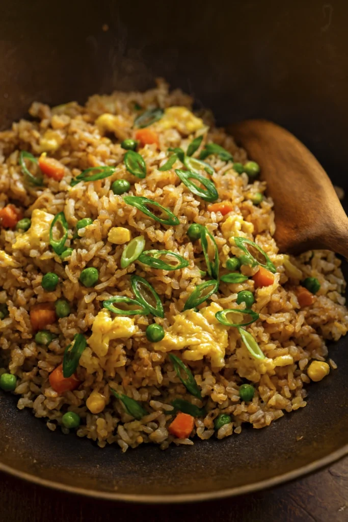 Asian-style fried rice with colorful vegetables and egg in a hot wok.