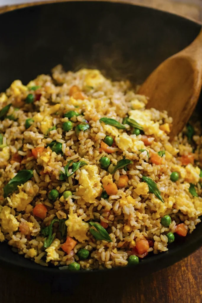 Healthy fried rice with vegetables and egg in a rustic wok.