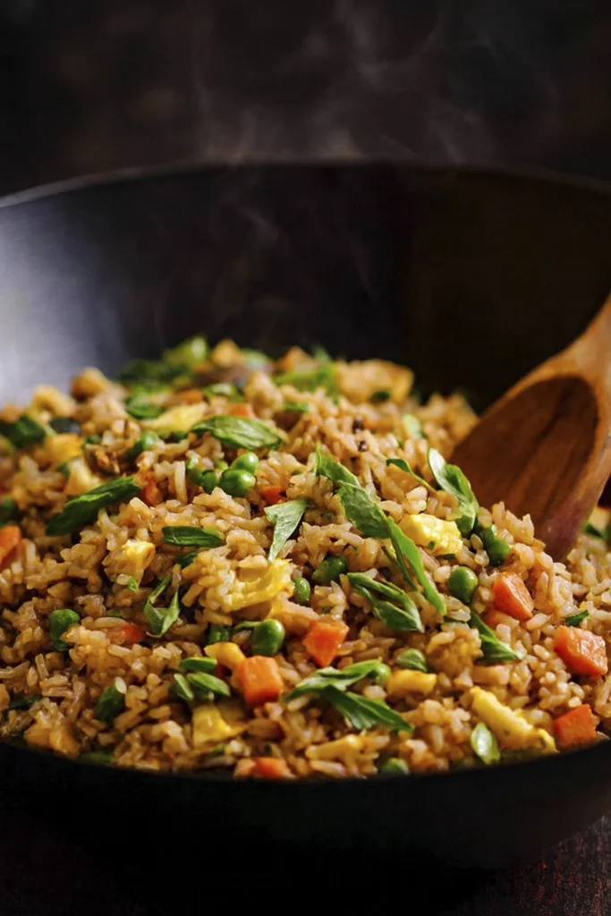Quick fried rice with mixed vegetables and egg in a wok.