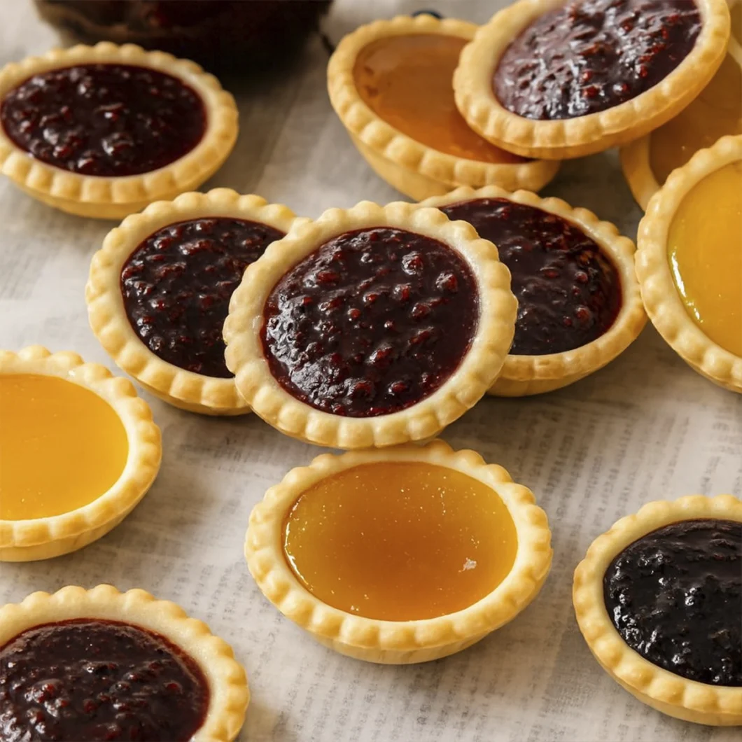 Minimalist fruit tarts with jam fillings on neutral parchment background.