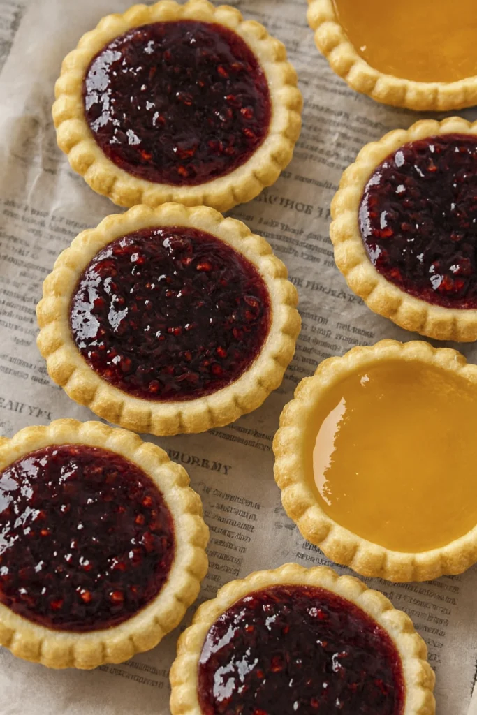 Colorful fruit tarts with red and yellow jam fillings on textured parchment.