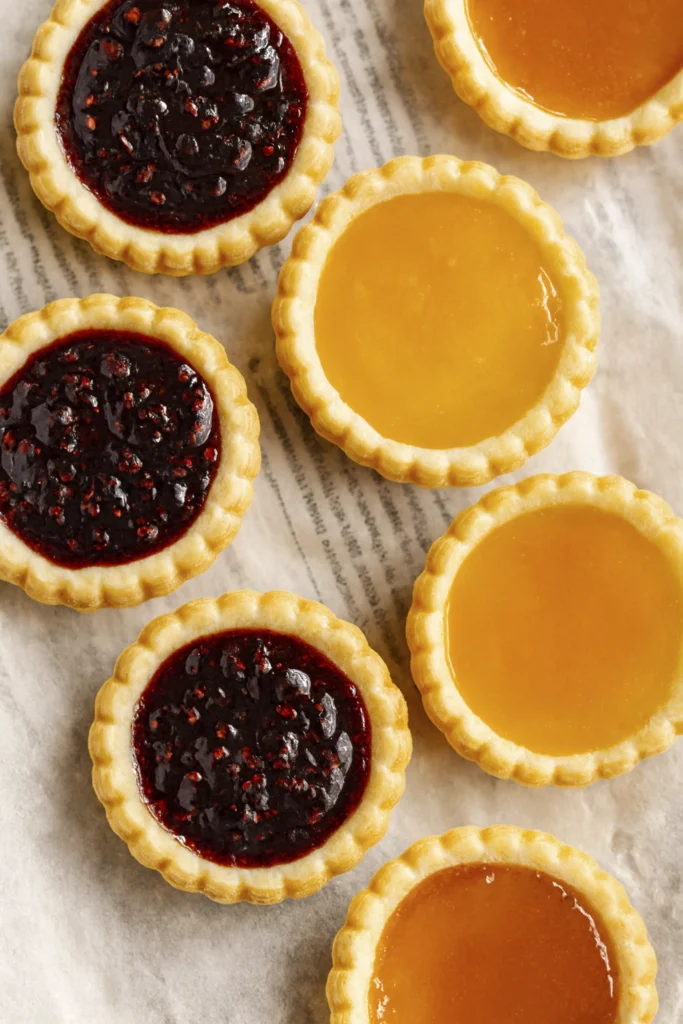 Seasonal mini fruit tarts with berry and apricot jam on parchment.