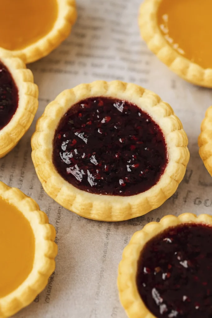Rustic mini fruit tarts with berry and apricot jam on parchment.