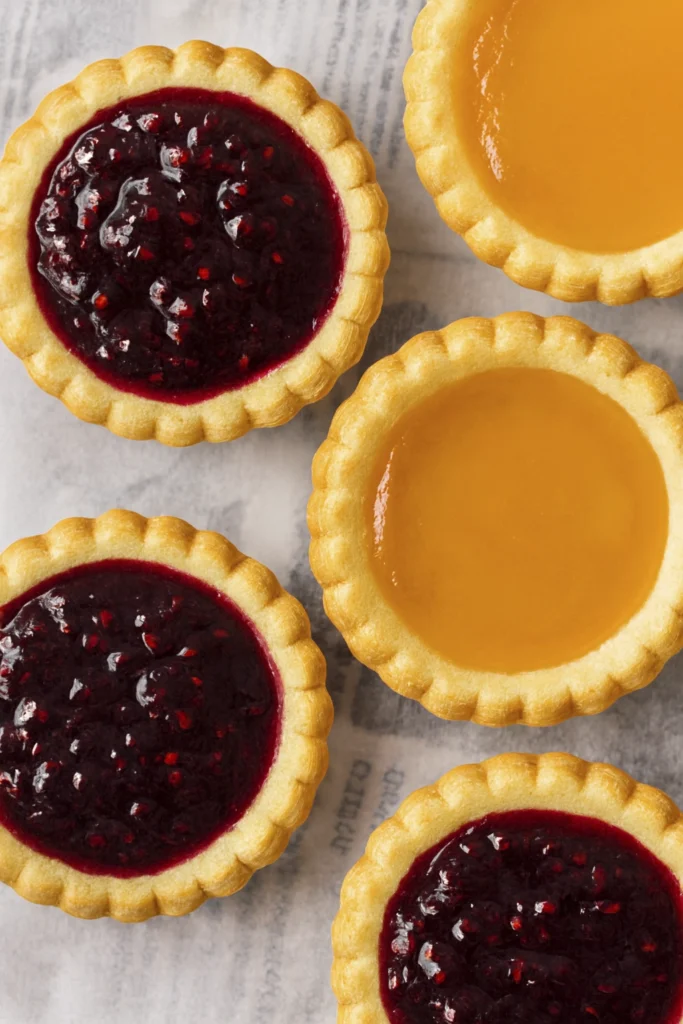 Assorted mini fruit tarts with berry and apricot preserves on parchment paper.