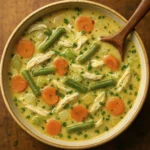 Creamy chicken vegetable soup with shredded chicken, carrots, green beans, and parsley in a rustic ceramic bowl