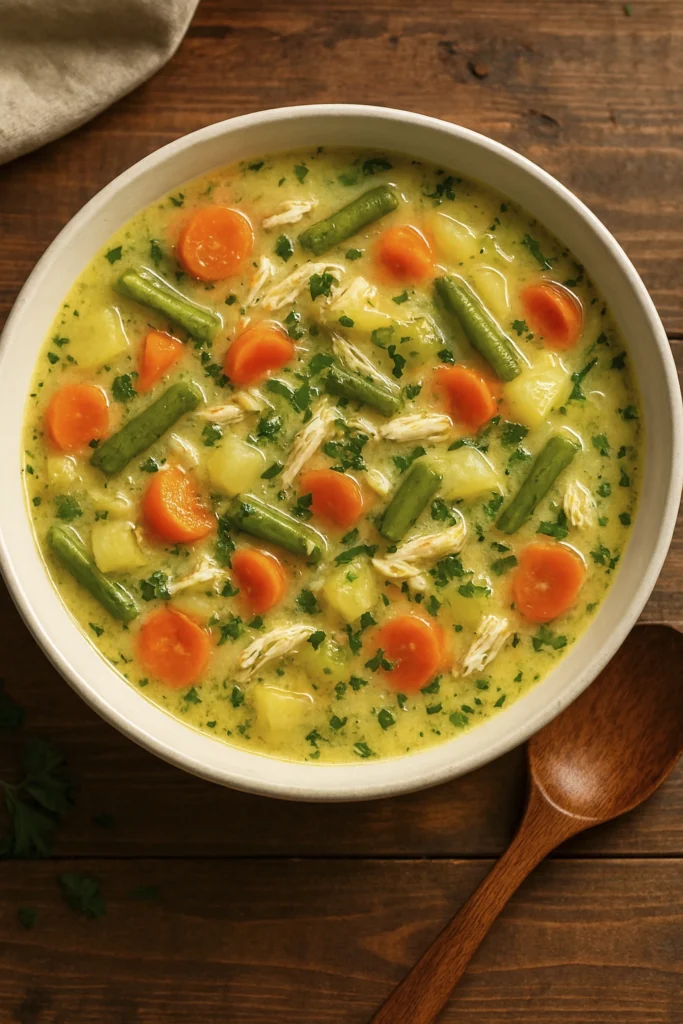 Overhead view of creamy chicken vegetable soup with carrots, potatoes, green beans, and parsley in a rustic bowl.