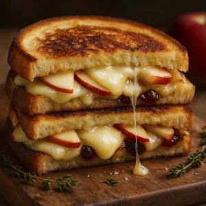 Stacked gourmet grilled cheese sandwich with melted cheddar, brie, apple slices, cranberries, and thyme on rustic wood