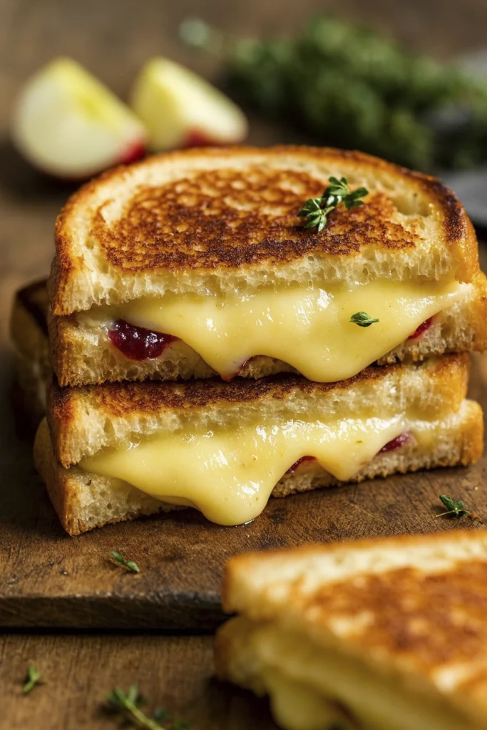 Diagonal stack of grilled cheese with cranberry preserve and thyme on rustic wood