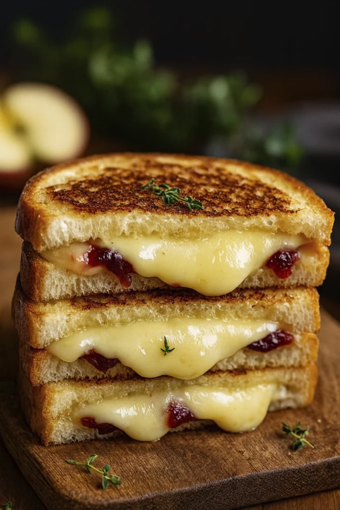 Vertical stack of gourmet grilled cheese with cranberry preserve and thyme on rustic wood