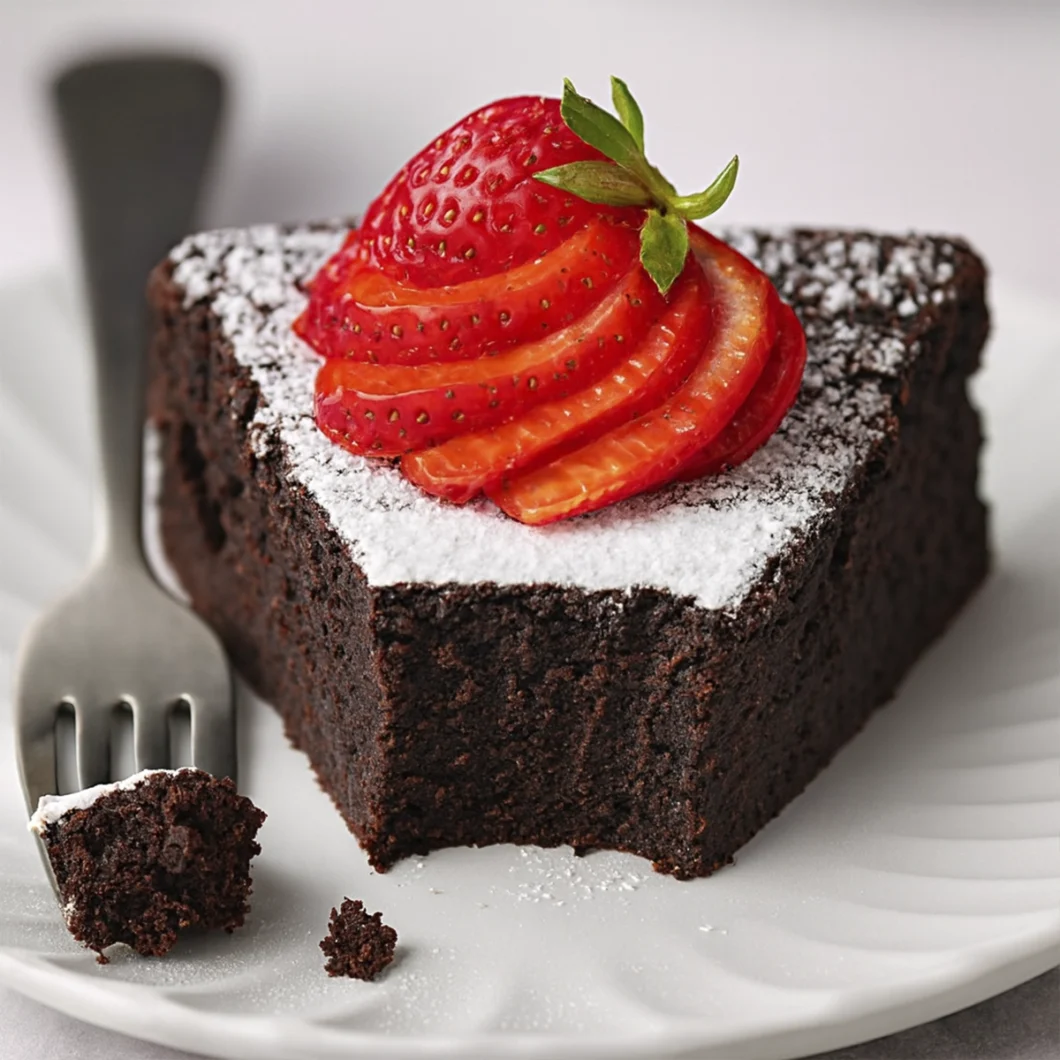 Dark chocolate cake slice with powdered sugar and fresh strawberry garnish on a white plate.
