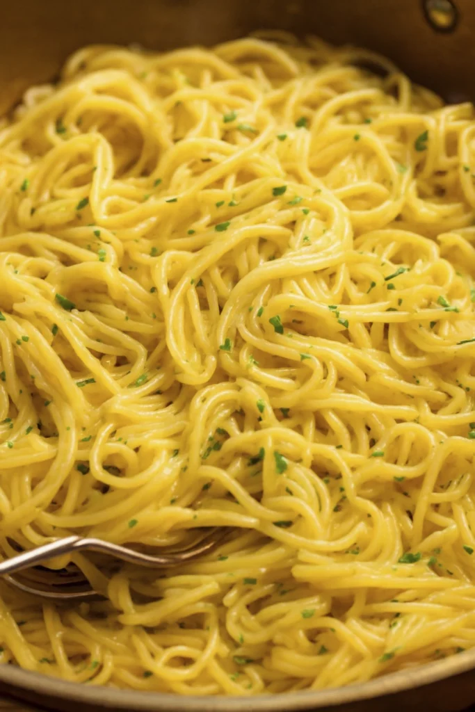 Close-up of buttery spaghetti garnished with parsley in a rustic metal pan.
