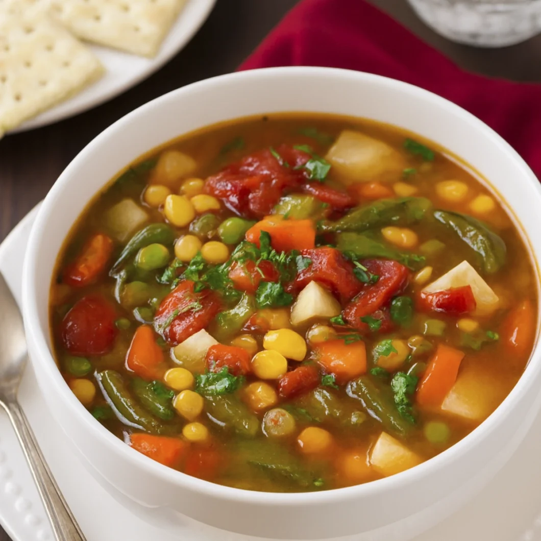 Family-style vegetable soup with crackers in a rustic kitchen setting.