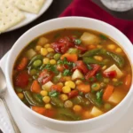 Family-style vegetable soup with crackers in a rustic kitchen setting.