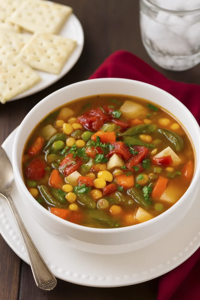 Bowl of vegetable soup with colorful vegetables and parsley garnish served with crackers and water