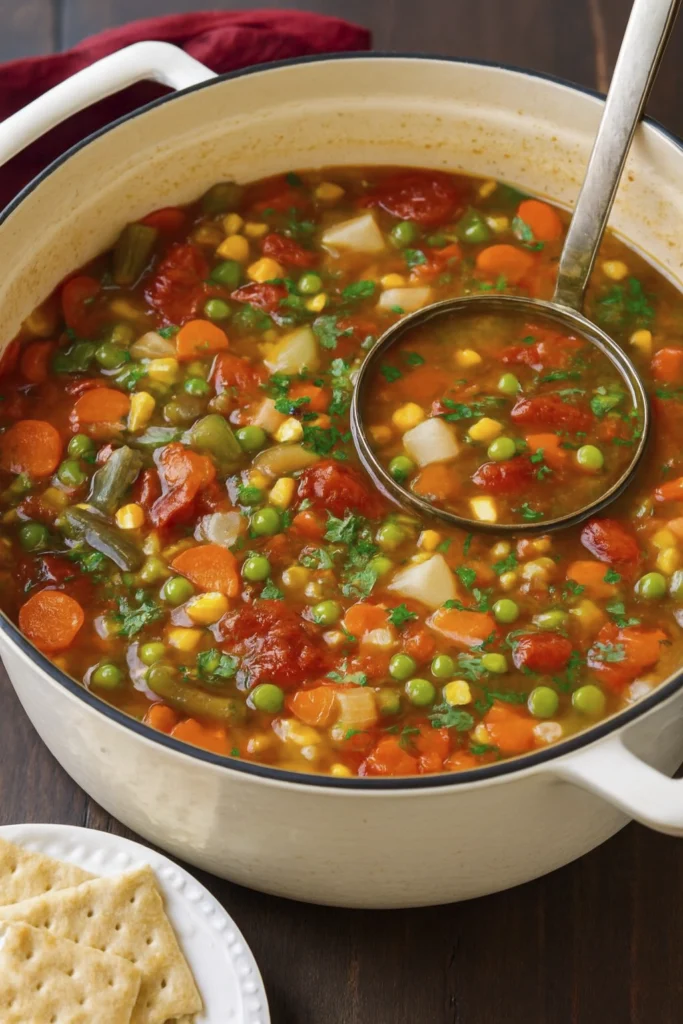 Nutritious vegetable soup with fresh herbs and crackers on a wooden table.