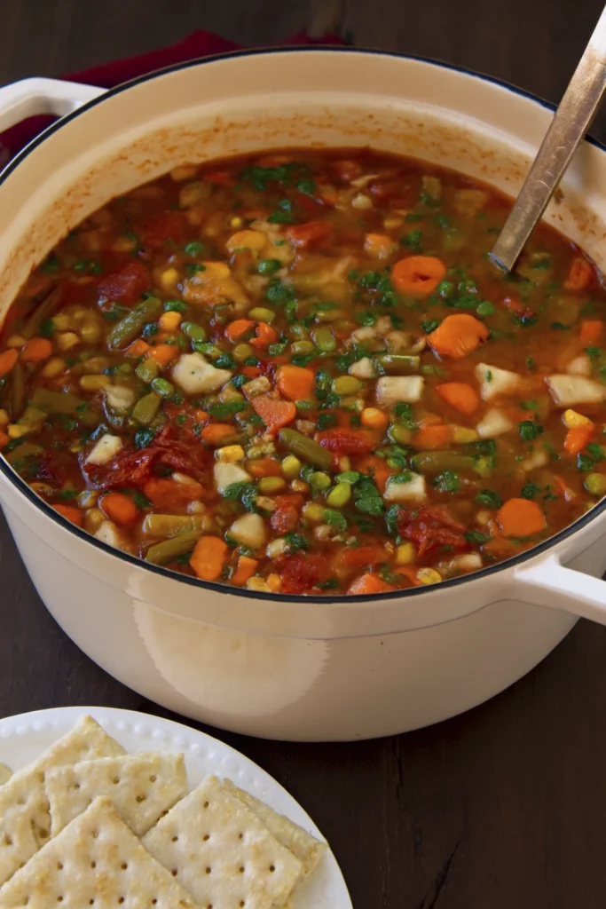 Hearty vegetable soup with crackers served in a rustic pot.