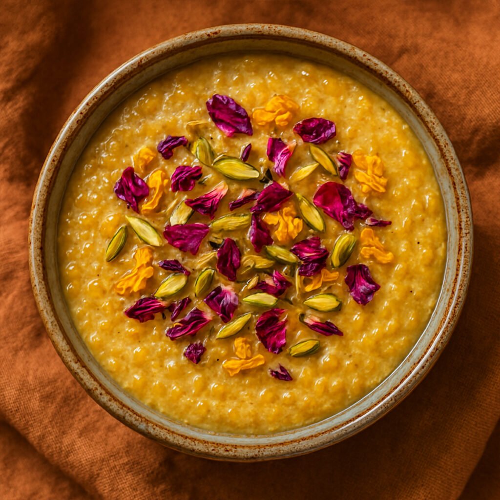 Golden Meethi Daliya porridge with pistachios, rose petals, and marigold blossoms in a ceramic bowl