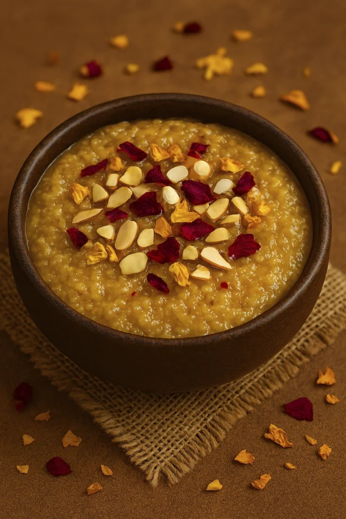 Traditional Indian Lapsi dessert with almonds and floral garnish in rustic bowl