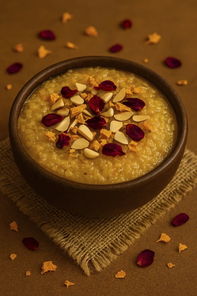 Indian Lapsi dessert in brass bowl with pistachios, rose petals, and silver leaf