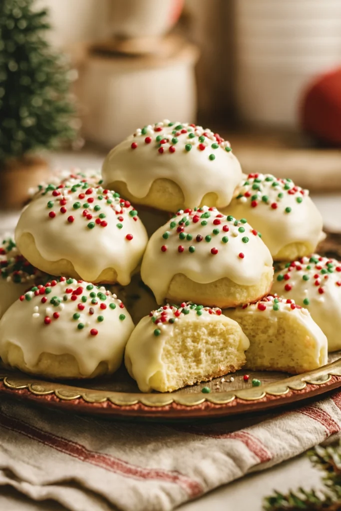 Holiday-themed Italian ricotta cookies with colorful sprinkles and icing on a festive baking tray.