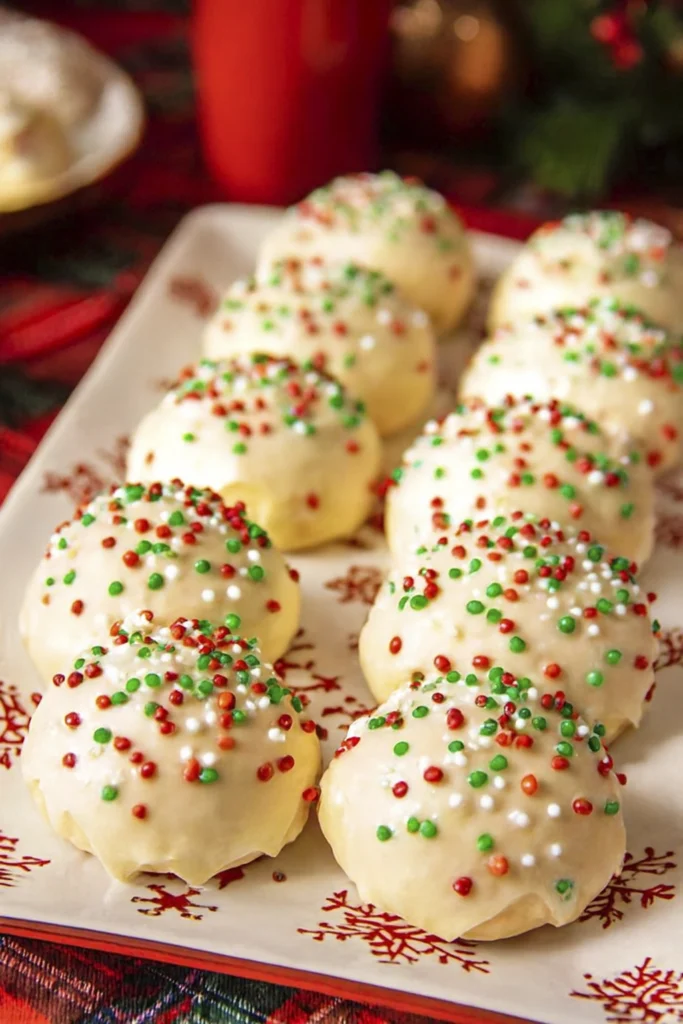 Close-up of gourmet holiday cookies with vanilla icing and festive sprinkles on parchment paper.
